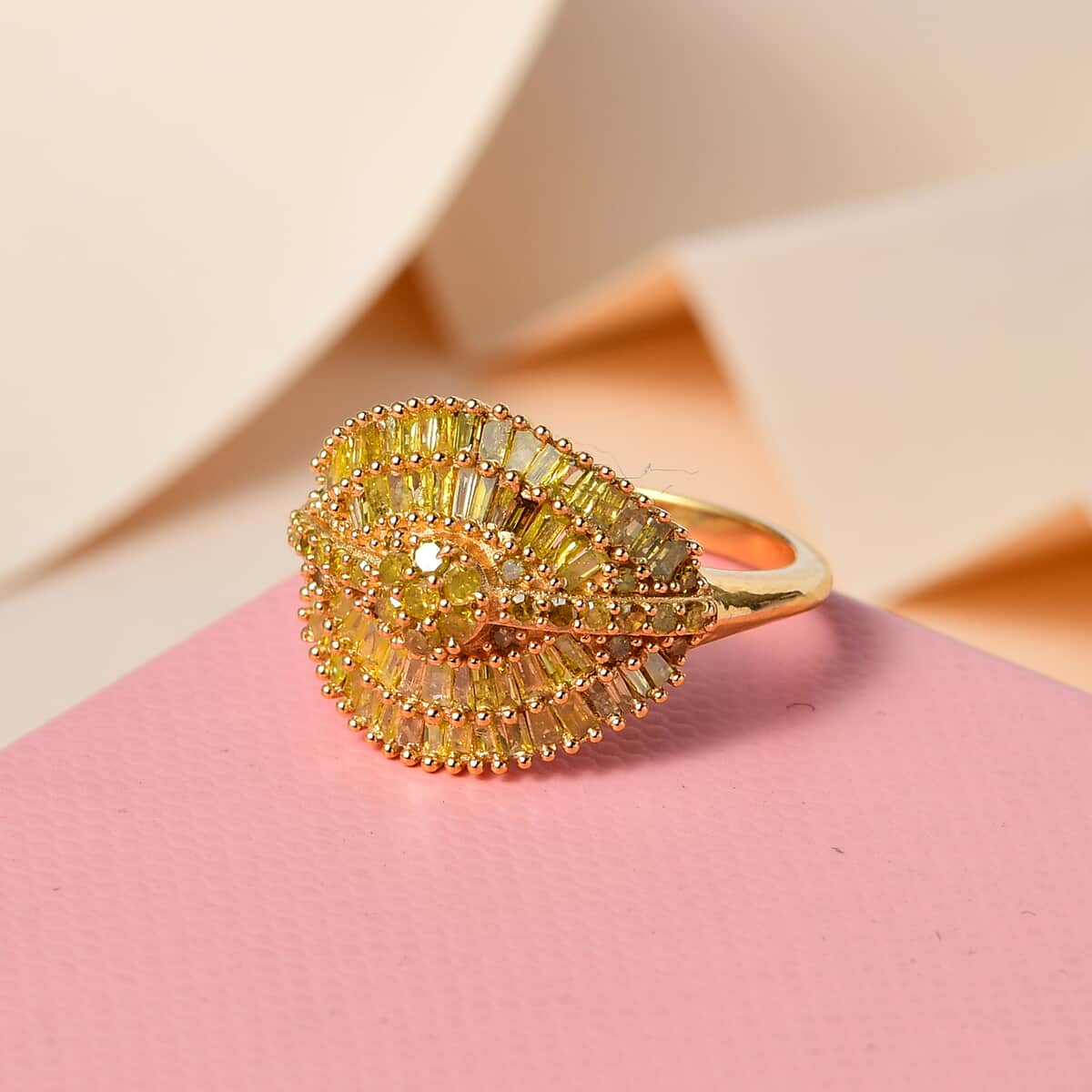 Yellow Diamond Cluster Ring in Rhodium and Vermeil Yellow Gold Over Sterling Silver (Size 10.0) 1.00 ctw image number 1