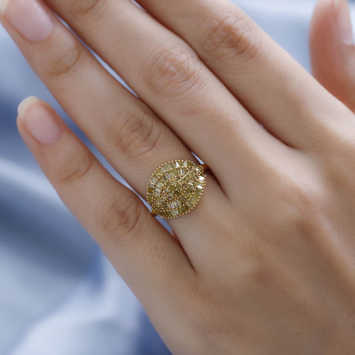 Yellow Diamond Cluster Ring in Rhodium and Vermeil Yellow Gold Over Sterling Silver (Size 10.0) 1.00 ctw image number 2