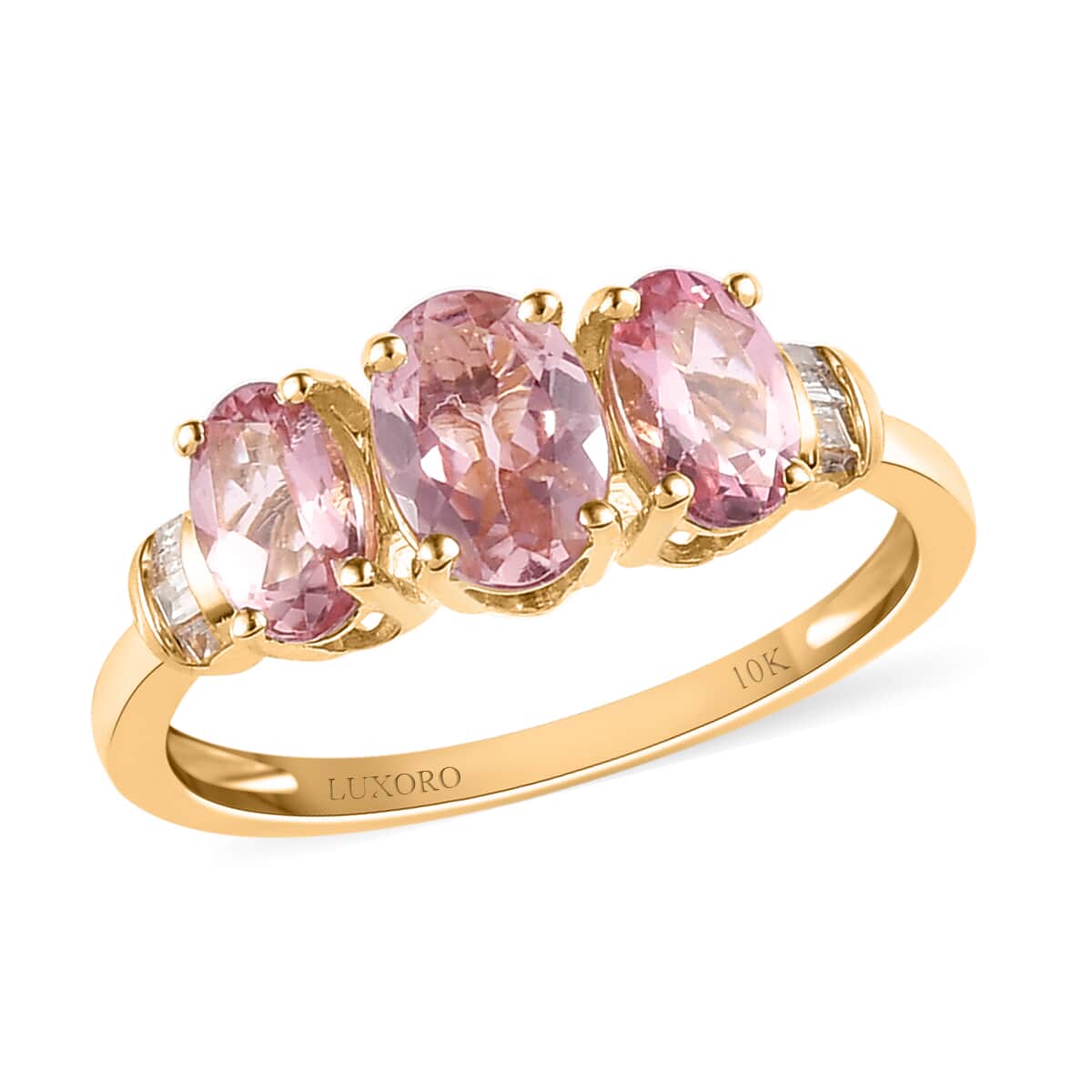 LUXORO 10K Yellow Gold AAA Salmon Pink Tourmaline, Diamond Trilogy Ring (Size 5.0) (2 g) 1.70 ctw image number 0