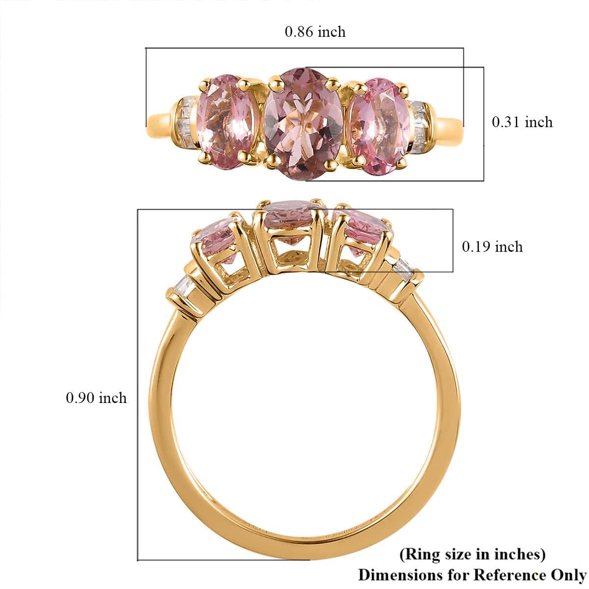 LUXORO 10K Yellow Gold AAA Salmon Pink Tourmaline, Diamond Trilogy Ring (Size 5.0) (2 g) 1.70 ctw image number 5