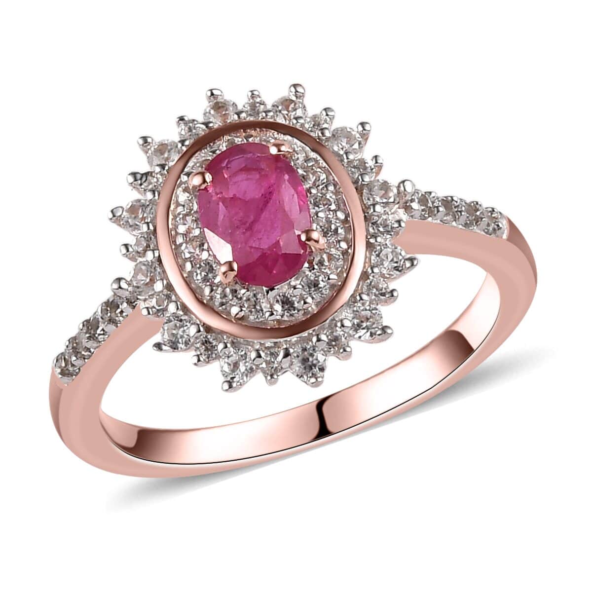 Premium Montepuez Ruby and Natural White Zircon Double Halo Ring in Vermeil Rose Gold Over Sterling Silver 1.10 ctw image number 0