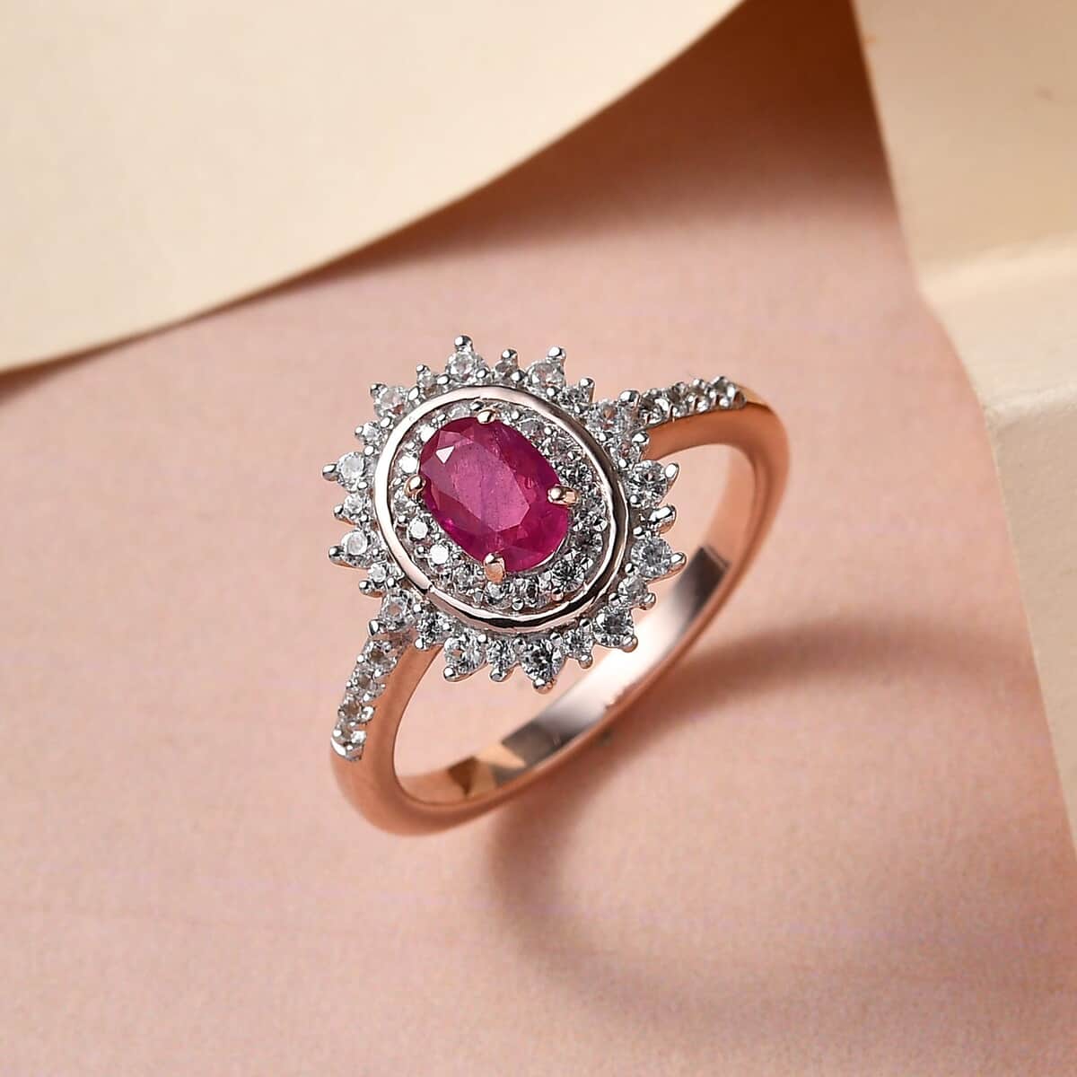 Premium Montepuez Ruby and Natural White Zircon Double Halo Ring in Vermeil Rose Gold Over Sterling Silver 1.10 ctw image number 1