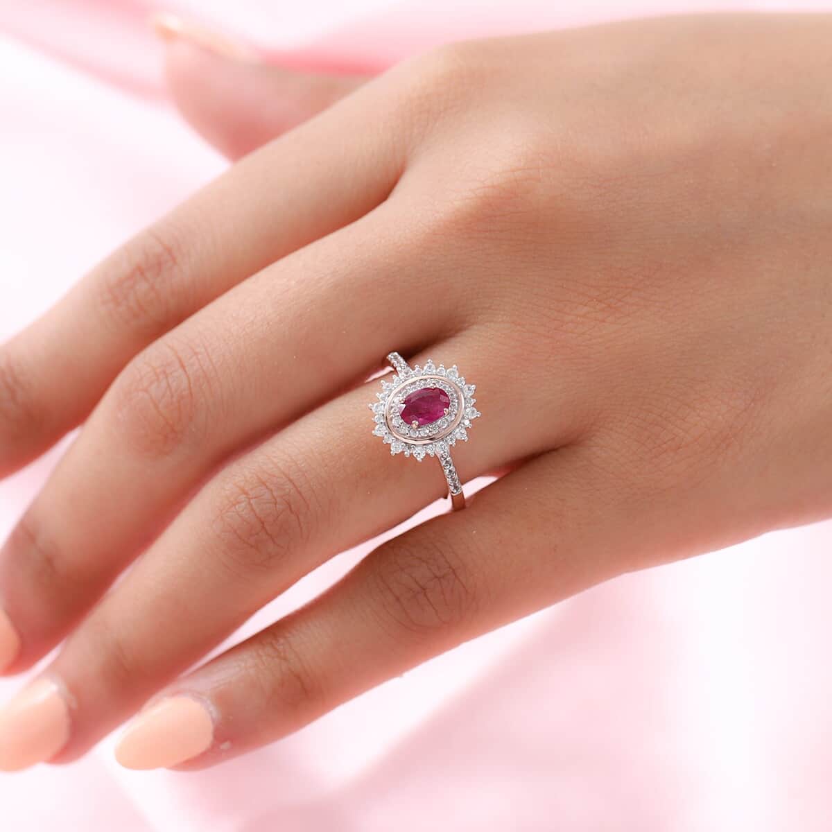 Premium Montepuez Ruby and Natural White Zircon Double Halo Ring in Vermeil Rose Gold Over Sterling Silver 1.10 ctw image number 2