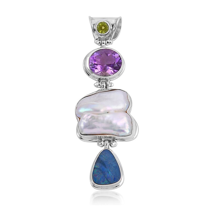 Bali Legacy Mother Of Pearl and Multi Gemstone Pendant in Sterling Silver 5.00 ctw