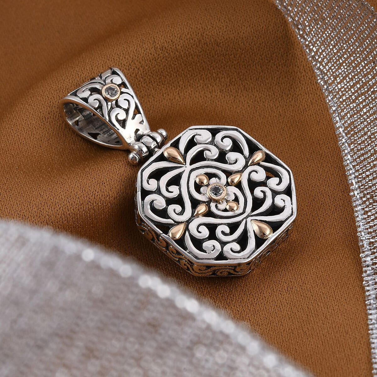 Bali Legacy White Topaz Floral Pendant in 18K Yellow Gold and Sterling Silver 0.06 ctw image number 1