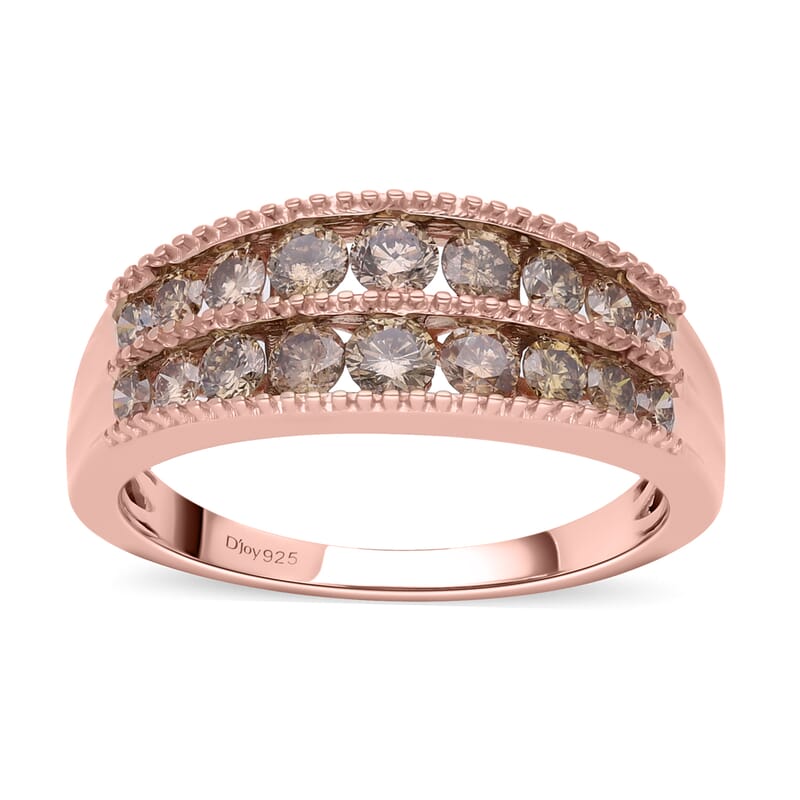 Natural Champagne Diamond Ring in Rhodium and Vermeil Rose Gold Over Sterling Silver (Size 10.0) 1.10 ctw
