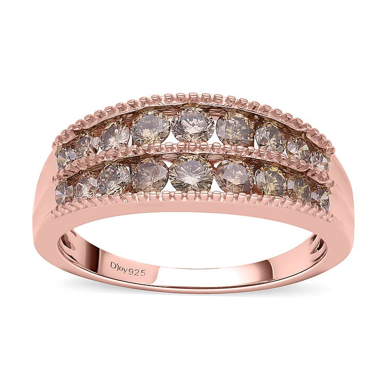 Natural Champagne Diamond Ring in Rhodium and Vermeil Rose Gold Over Sterling Silver (Size 10.0) 1.10 ctw