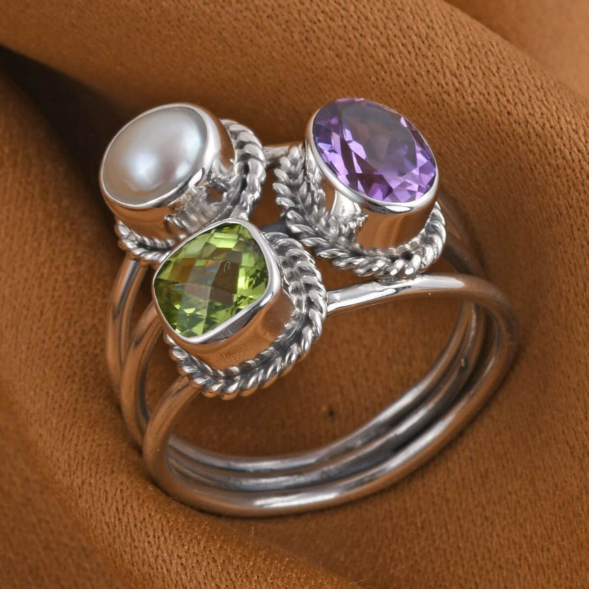 Bali Legacy Amethyst and Multi Gemstone Mixed Shapes 3 Row Ring in Sterling Silver (Size 8.0) 2.60 ctw image number 1