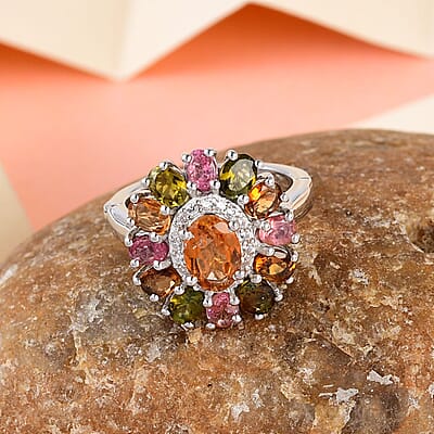 Arthritis-Openable Multi-Tourmaline and Natural White Zircon Floral Ring in Platinum Over Sterling Silver (Size 10.0) 2.90 ctw