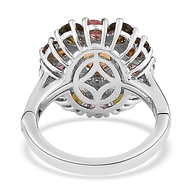 Arthritis-Openable Multi-Tourmaline and Natural White Zircon Floral Ring in Platinum Over Sterling Silver (Size 10.0) 2.90 ctw