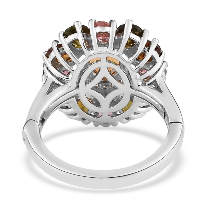 Arthritis-Openable Multi-Tourmaline and Natural White Zircon Floral Ring in Platinum Over Sterling Silver (Size 10.0) 2.90 ctw