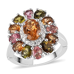 Arthritis-Openable Multi-Tourmaline and Natural White Zircon 2.90 ctwFloral Ring in Platinum Over Sterling Silver (Size 6.0)