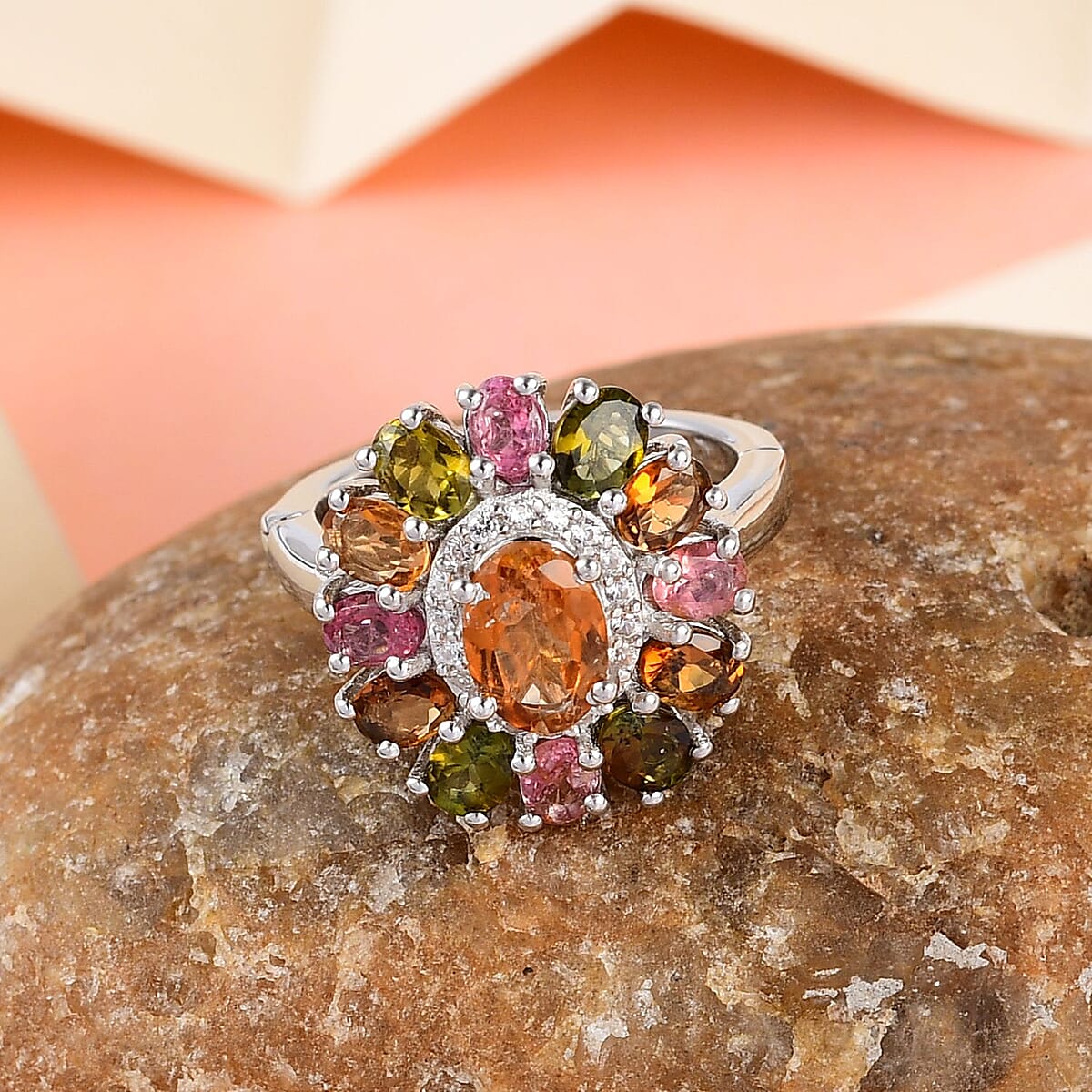 Arthritis-Openable Multi-Tourmaline and Natural White Zircon 2.90 ctwFloral Ring in Platinum Over Sterling Silver (Size 6.0) image number 1