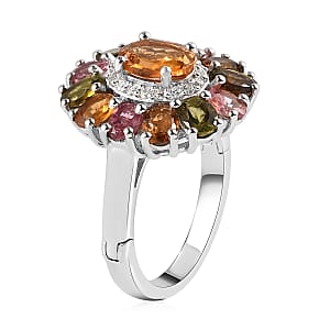 Arthritis-Openable Multi-Tourmaline and Natural White Zircon 2.90 ctwFloral Ring in Platinum Over Sterling Silver (Size 6.0)