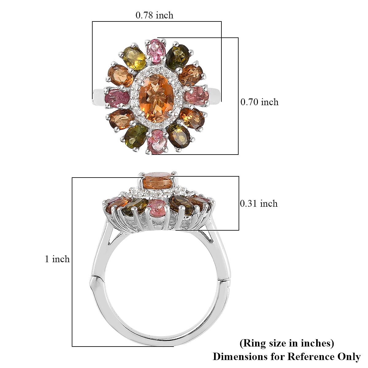 Arthritis-Openable Multi-Tourmaline and White Zircon 2.90 ctw Floral Ring in Platinum Over Sterling Silver (Size 9.0) image number 5