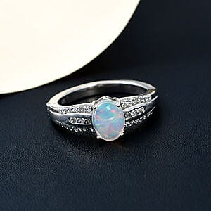 Ethiopian Welo Opal and White Zircon 1.42 ctw Ring in Platinum Over Sterling Silver (Size 11.5)