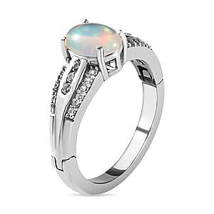 Ethiopian Welo Opal and White Zircon 1.42 ctw Ring in Platinum Over Sterling Silver (Size 11.5)
