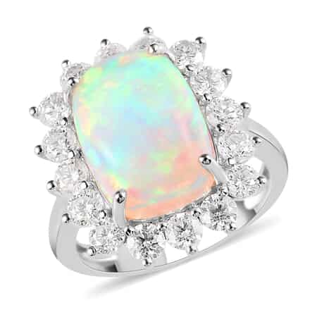 Luxoro 10K White Gold Premium Ethiopian Welo Opal and Moissanite Sunburst Ring (Size 7.0) 6.00 ctw image number 0