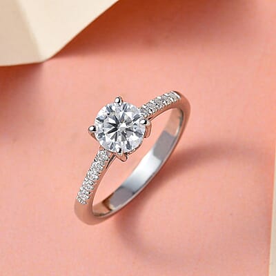 Moissanite Ring in Platinum Over Sterling Silver (Size 7.0) 1.10 ctw