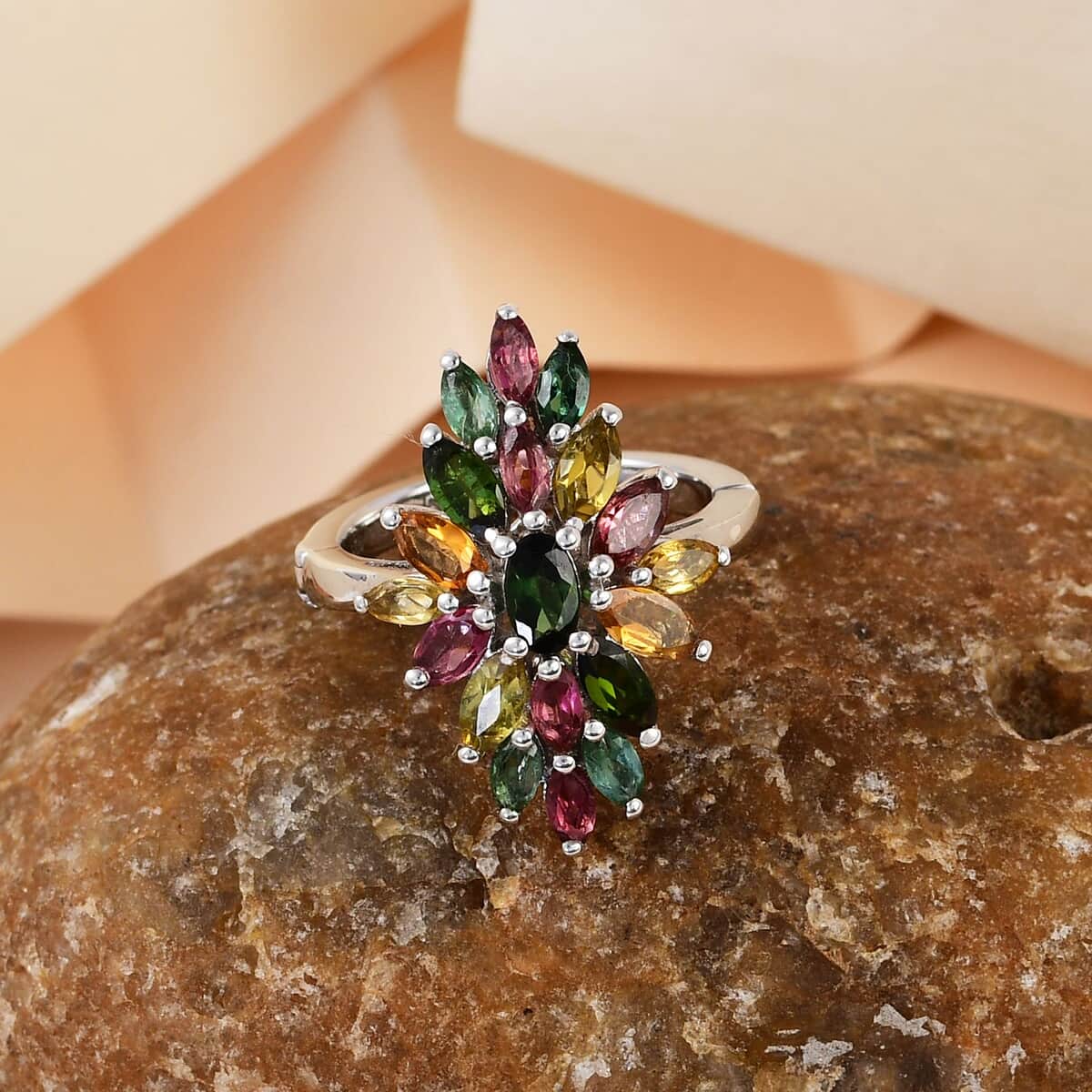 Multi-Tourmaline Floral Spray Ring in Platinum Over Sterling Silver (Size 10.0) 2.10 ctw image number 1