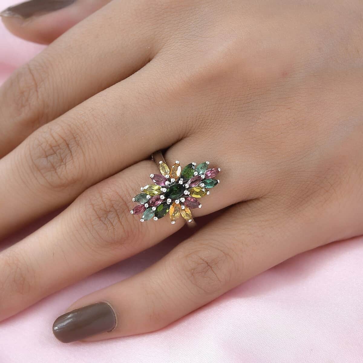 Multi-Tourmaline Floral Spray Ring in Platinum Over Sterling Silver (Size 10.0) 2.10 ctw image number 2