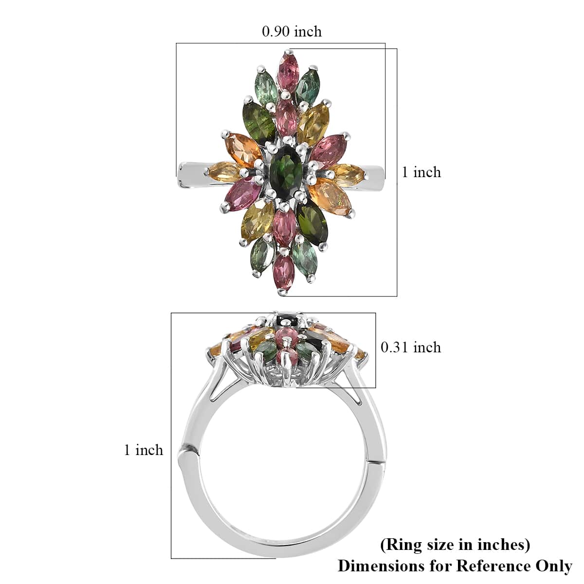 Multi-Tourmaline Floral Spray Ring in Platinum Over Sterling Silver (Size 10.0) 2.10 ctw image number 5
