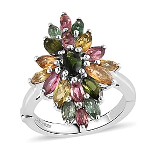 Openable Multi-Tourmaline Floral Spray Ring in Platinum Over Sterling Silver (Size 8.0) 2.10 ctw
