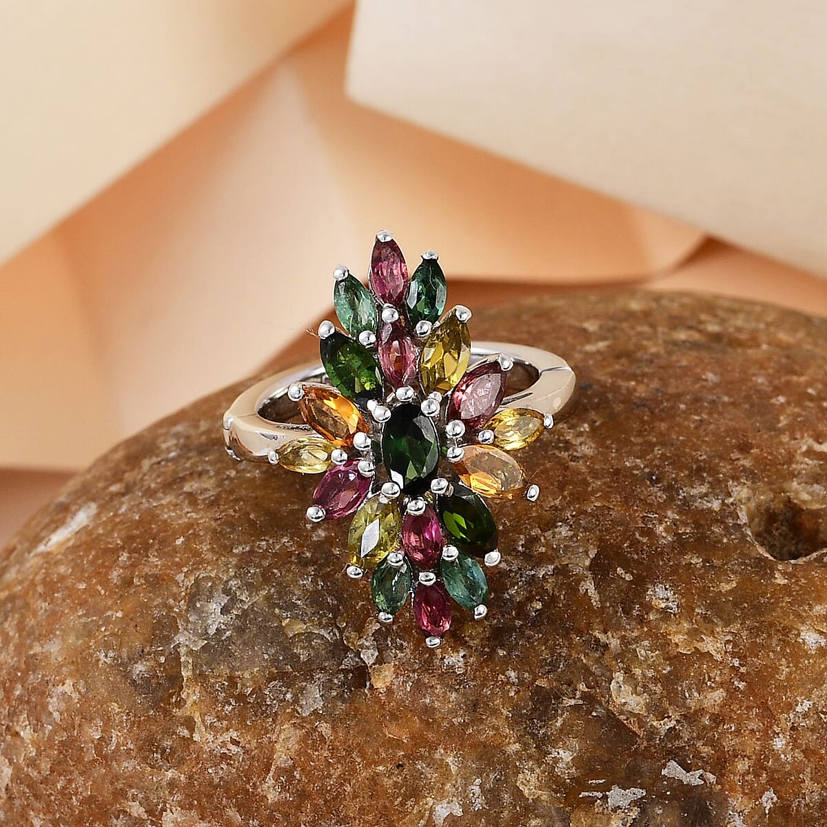 Openable Multi-Tourmaline Floral Spray Ring in Platinum Over Sterling Silver (Size 8.0) 2.10 ctw image number 1