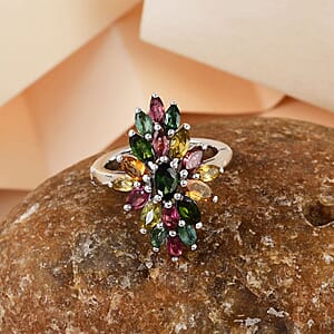 Openable Multi-Tourmaline Floral Spray Ring in Platinum Over Sterling Silver (Size 8.0) 2.10 ctw