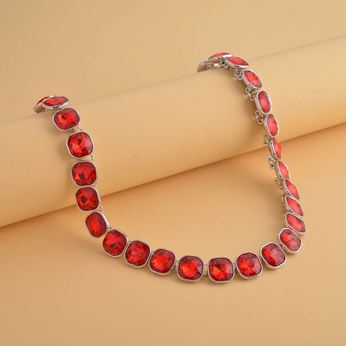 Simulated Ruby Tennis Necklace 20 Inches in Silvertone image number 1