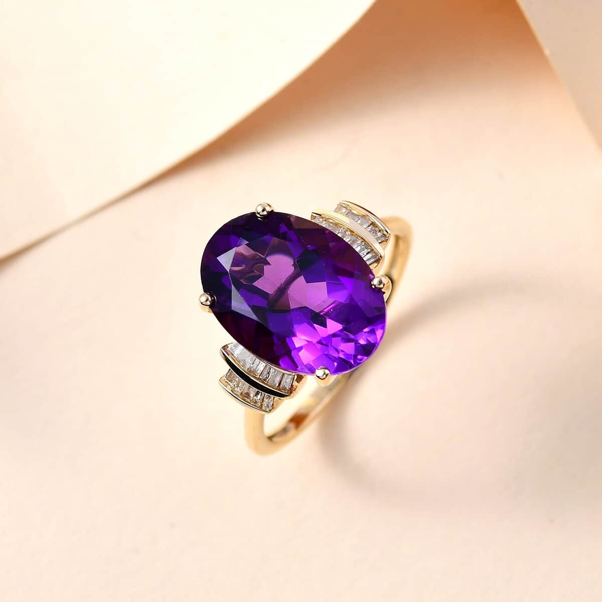 LUXORO 10K Yellow Gold AAA Kagem Zambian Amethyst and G-H I3 Diamond Ring 2.50 Grams 5.40 ctw image number 1