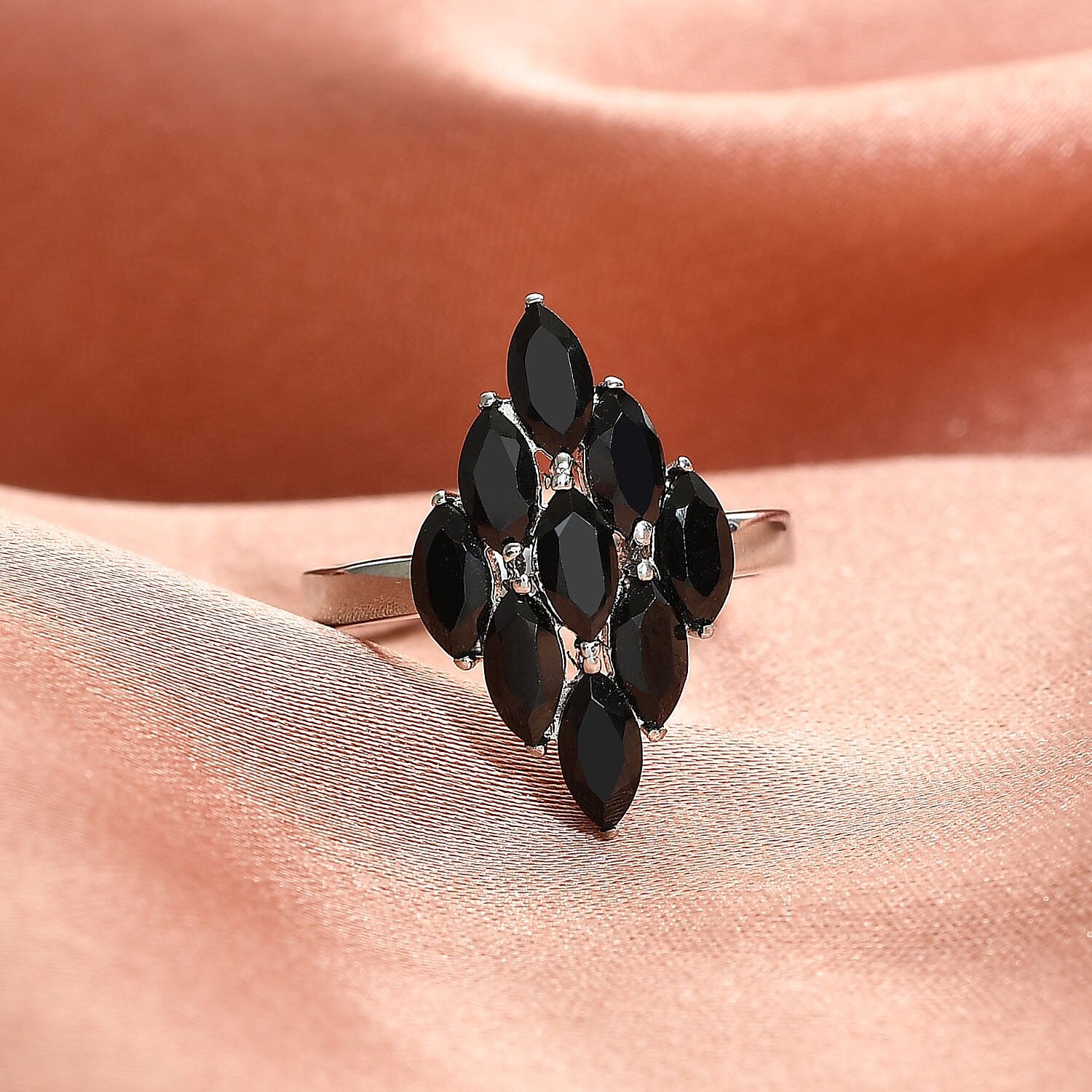Thai Black Spinel Cluster Ring in Stainless Steel (Size 6.0) 2.85 ctw