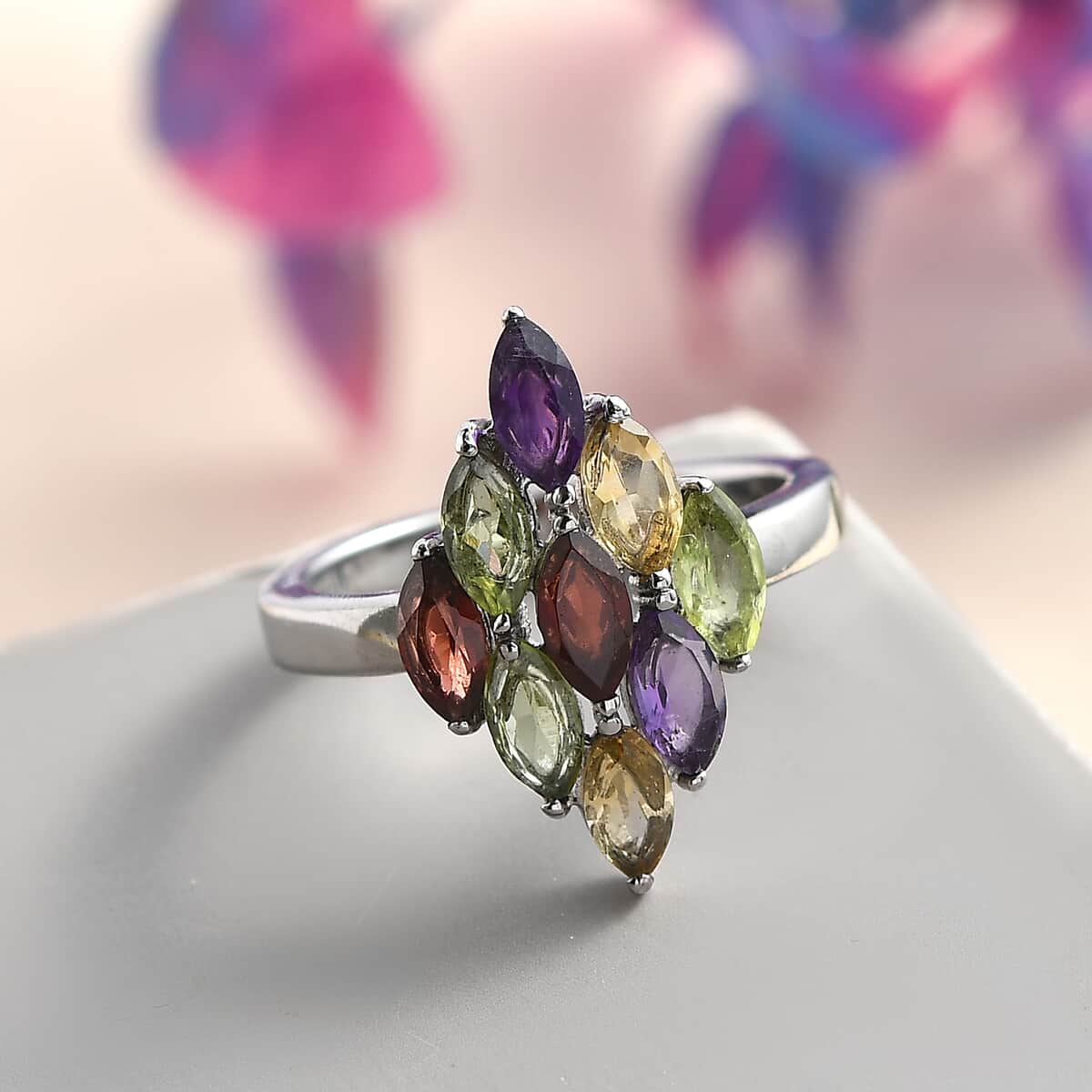 Multi Gemstone Cluster Ring in Stainless Steel (Size 7.0) 2.25 ctw image number 1