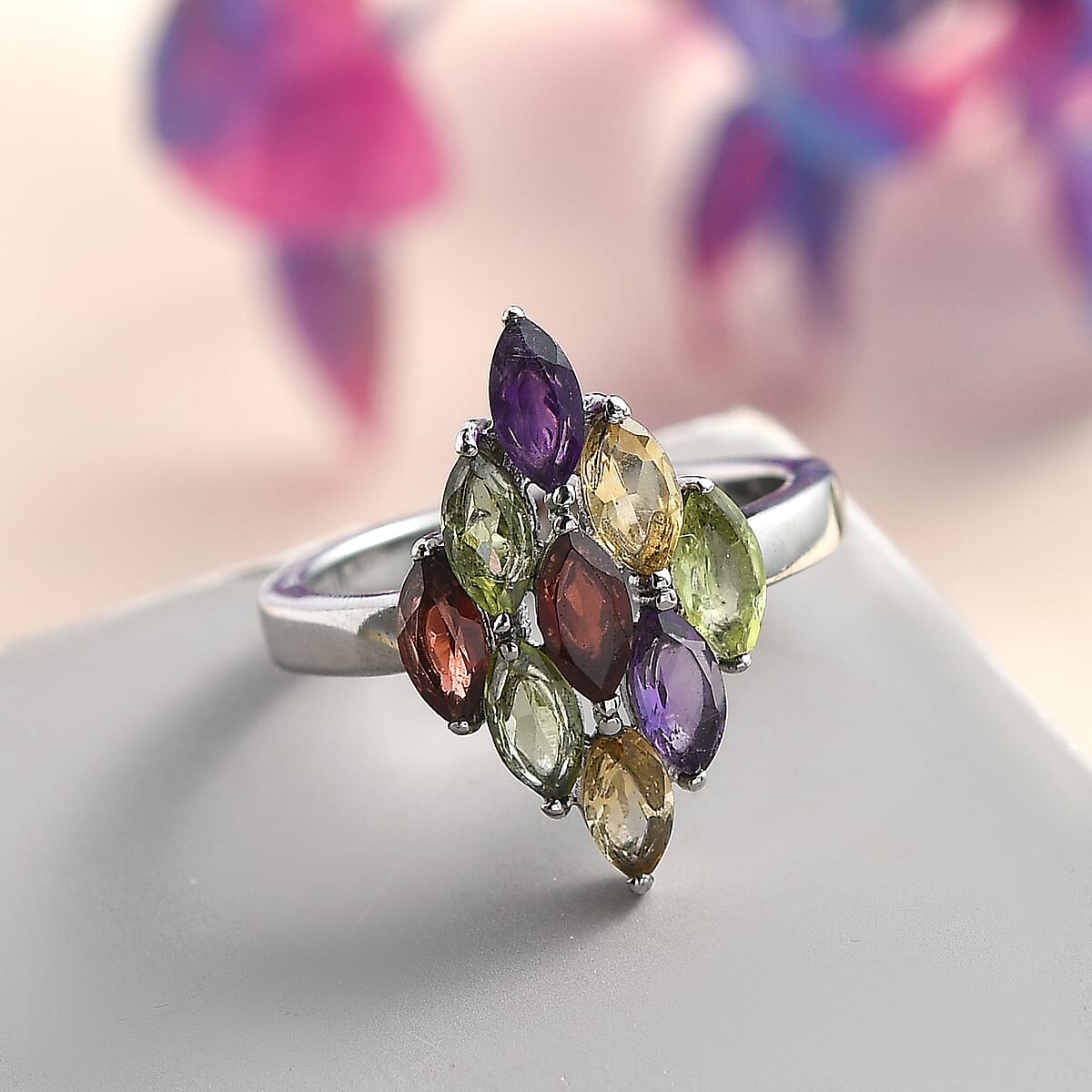 Multi Gemstone Cluster Ring in Stainless Steel (Size 8.0) 2.25 ctw image number 1