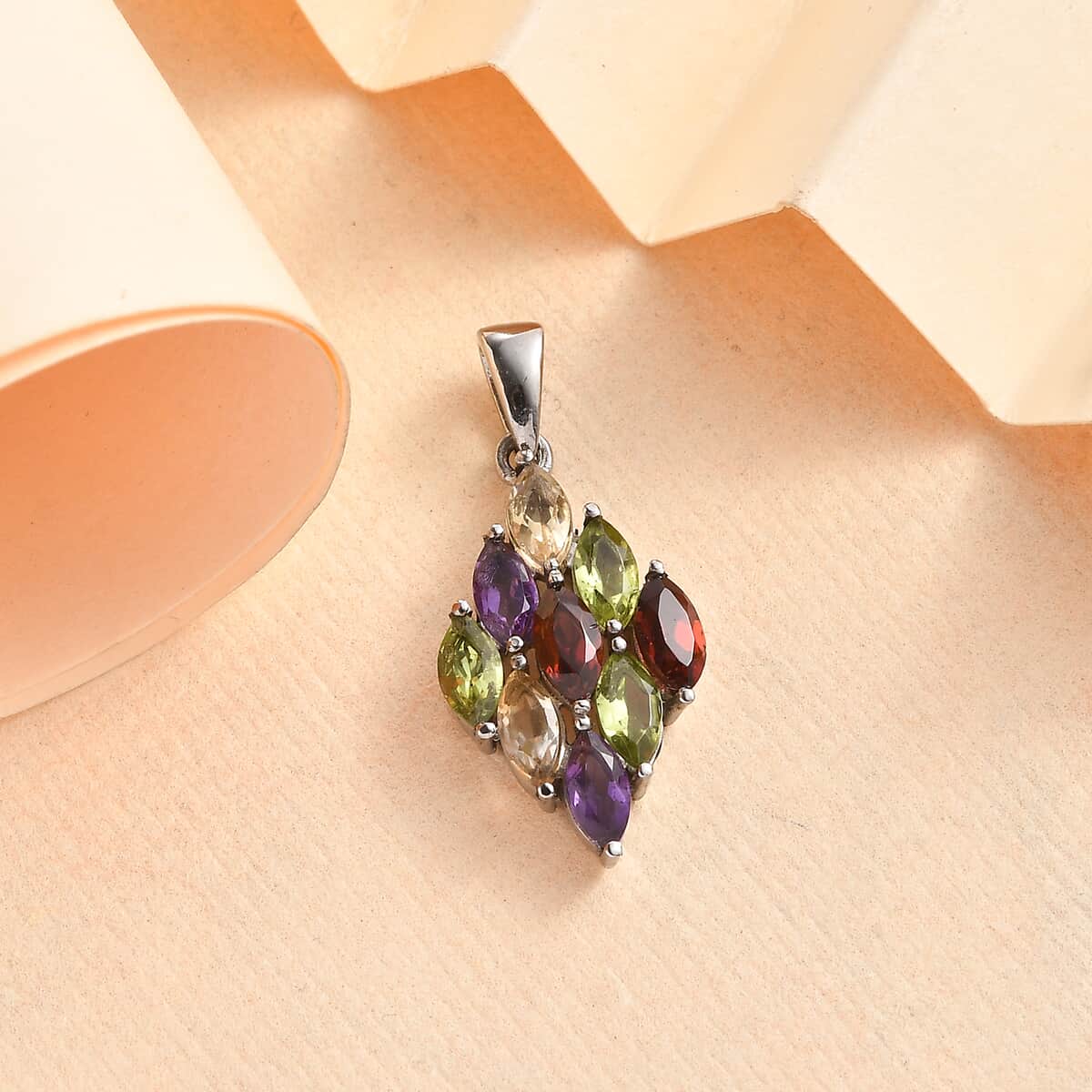 Multi Gemstone Pendant in Stainless Steel 2.40 ctw , Tarnish-Free, Waterproof, Sweat Proof Jewelry image number 1