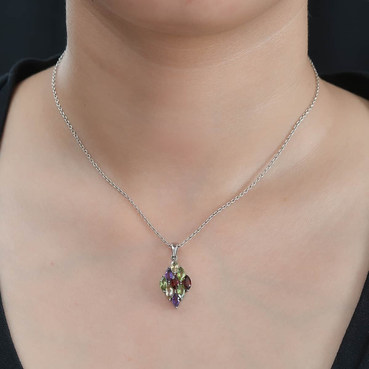 Multi Gemstone Pendant in Stainless Steel 2.40 ctw , Tarnish-Free, Waterproof, Sweat Proof Jewelry image number 2