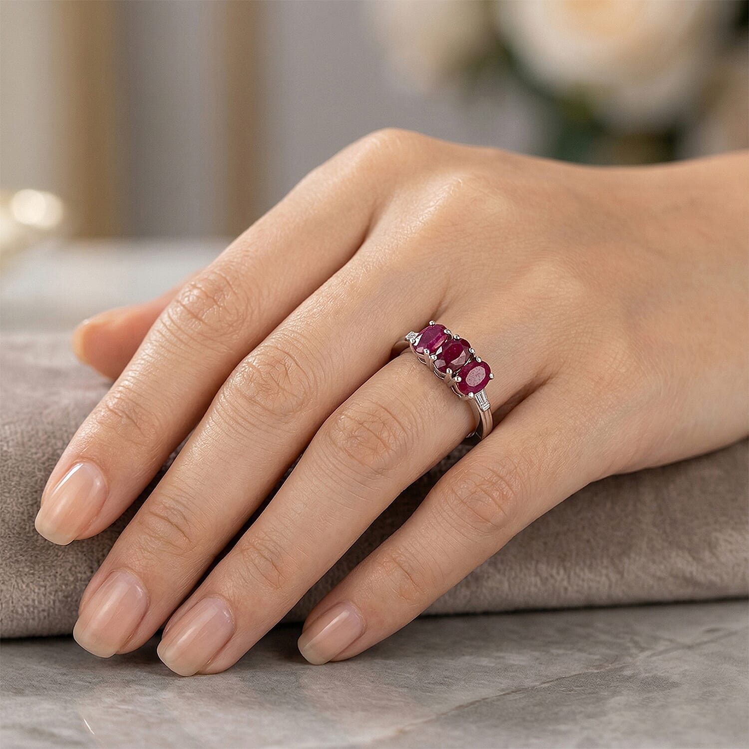 African Ruby (FF) and White Zircon 1.80 ctw Ring in Platinum Over Sterling Silver (Size 11.5)