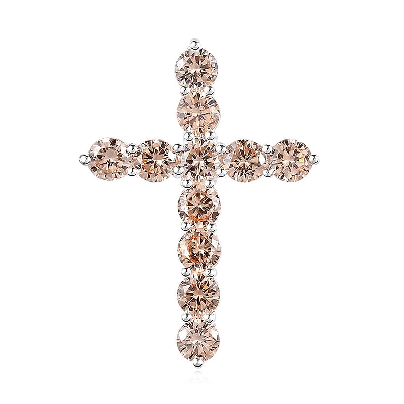 Simulated Champagne Diamond Cross Pendant in Sterling Silver 5.20 ctw