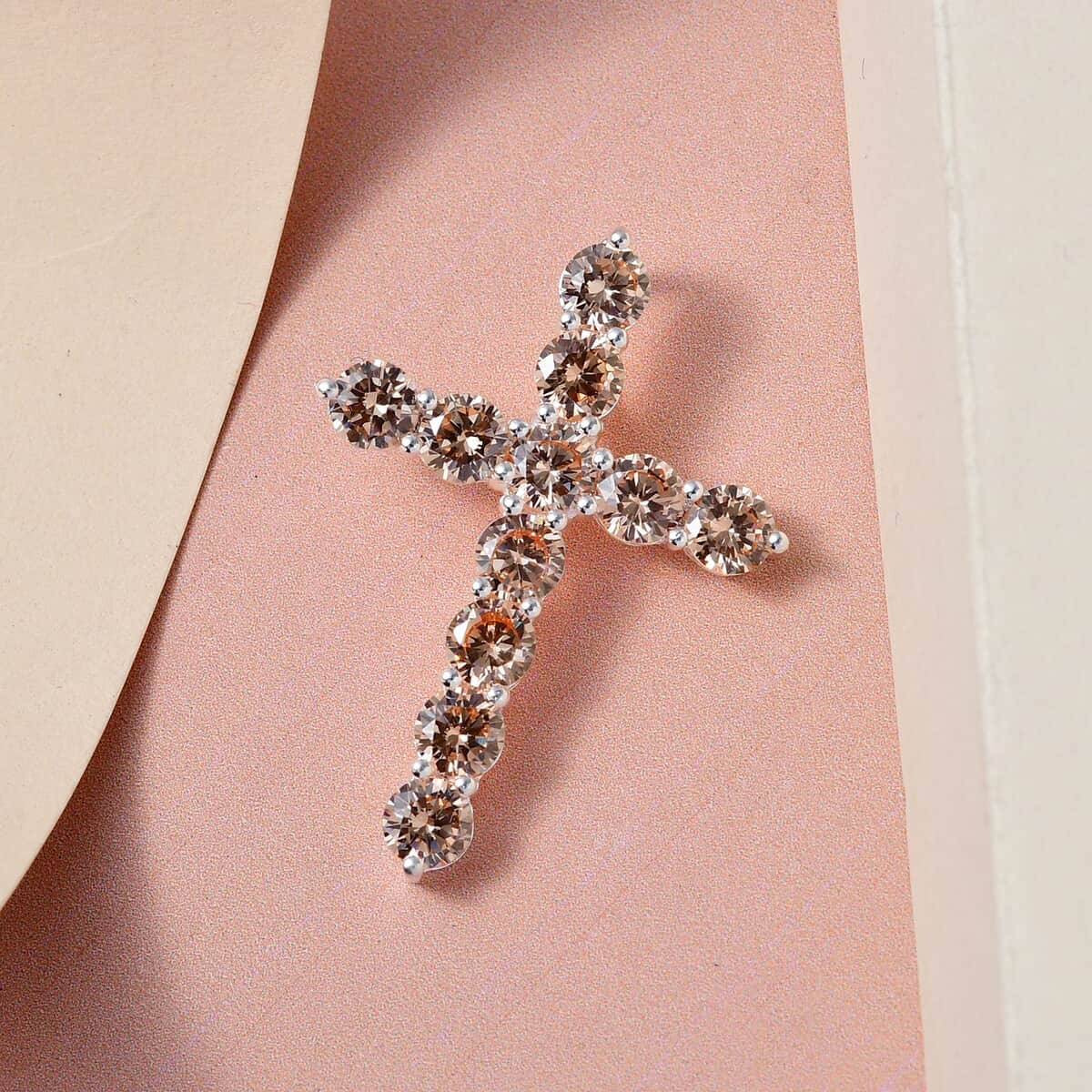 Simulated Champagne Diamond Cross Pendant in Sterling Silver 5.20 ctw image number 1