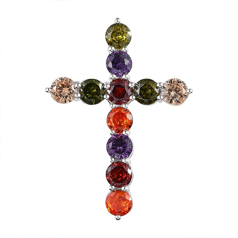 Simulated Multi Color Diamond 4.65 ctw Cross Pendant in Sterling Silver