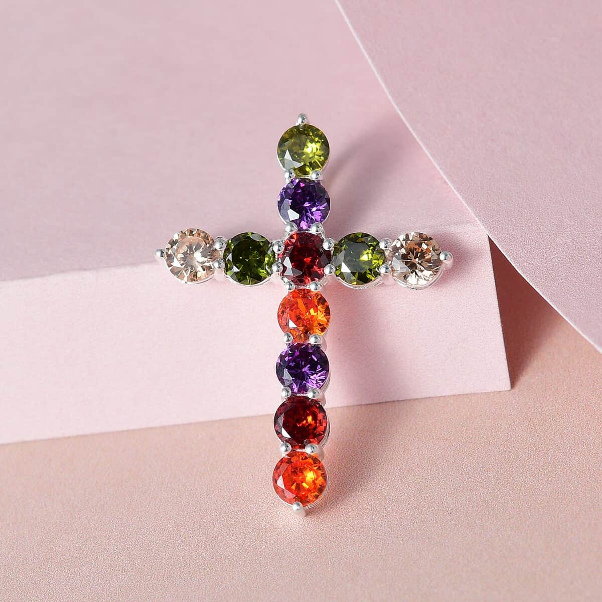 Simulated Multi Color Diamond Cross Pendant in Sterling Silver 4.65 ctw image number 1