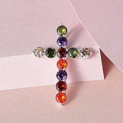 Simulated Multi Color Diamond 4.65 ctw Cross Pendant in Sterling Silver