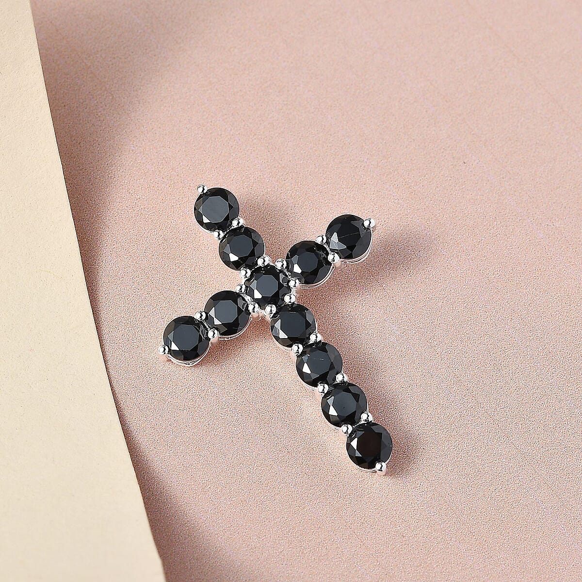 Simulated Black Diamond Cross Pendant in Sterling Silver image number 1