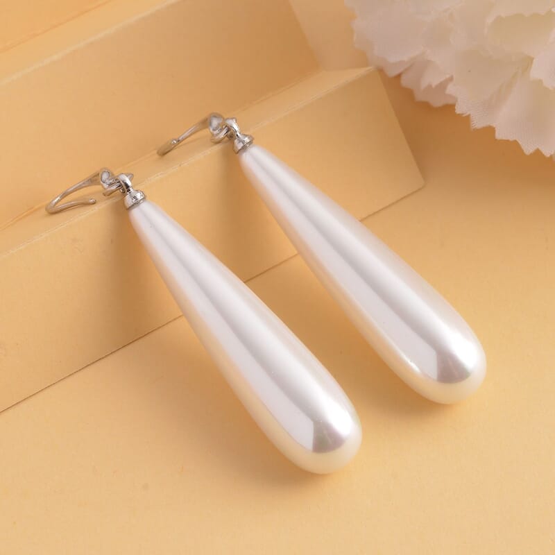 White Shell Pearl Drop Earrings in Rhodium Over Sterling Silver
