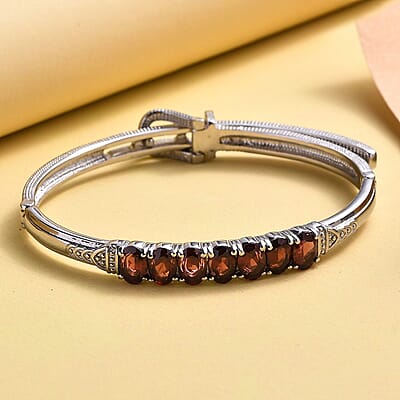 Mozambique Garnet Bangle Bracelet in Stainless Steel (6.50 In) 6.25 ctw , Tarnish-Free, Waterproof, Sweat Proof Jewelry