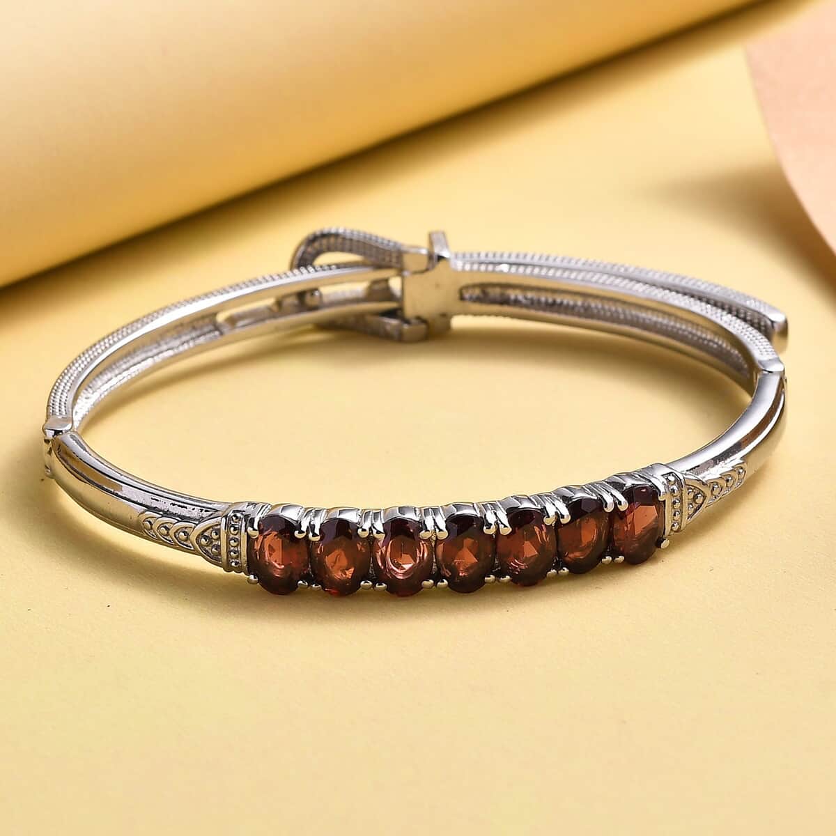 Mozambique Garnet Bangle Bracelet in Stainless Steel (6.50 In) 6.25 ctw , Tarnish-Free, Waterproof, Sweat Proof Jewelry image number 1