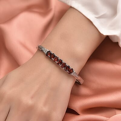 Mozambique Garnet Bangle Bracelet in Stainless Steel (6.50 In) 6.25 ctw , Tarnish-Free, Waterproof, Sweat Proof Jewelry