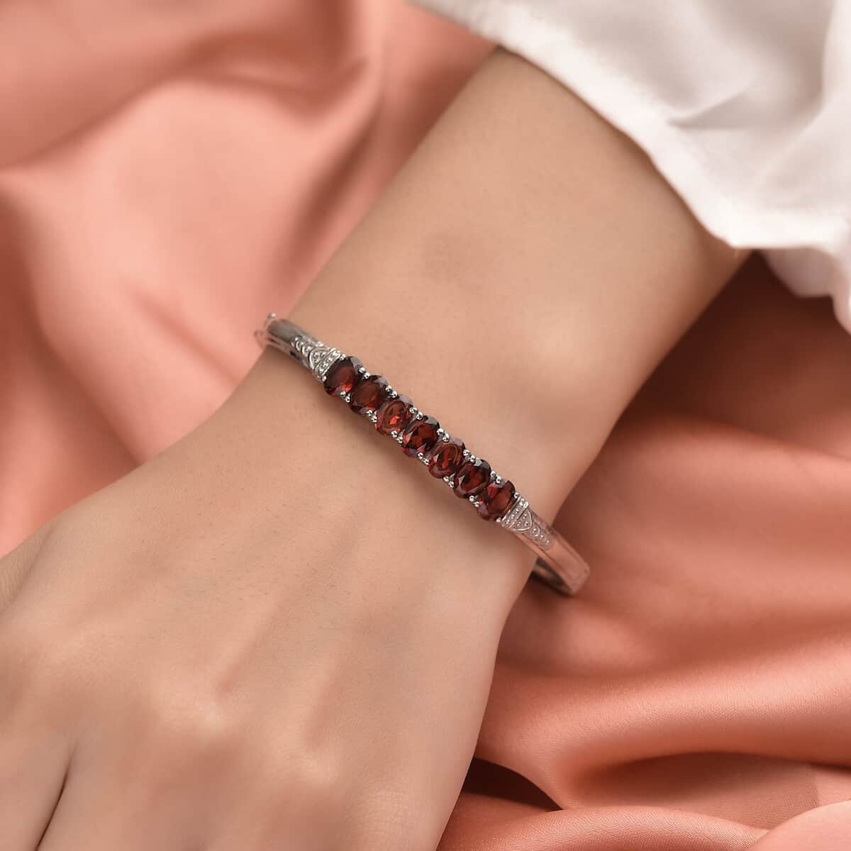 Mozambique Garnet Bangle Bracelet in Stainless Steel (6.50 In) 6.25 ctw , Tarnish-Free, Waterproof, Sweat Proof Jewelry image number 2