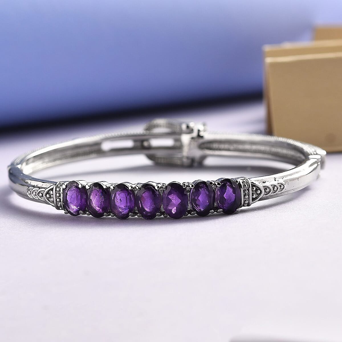 Amethyst Bangle Bracelet in Stainless Steel (6.50 in) 5.00 ctw , Tarnish-Free, Waterproof, Sweat Proof Jewelry image number 1