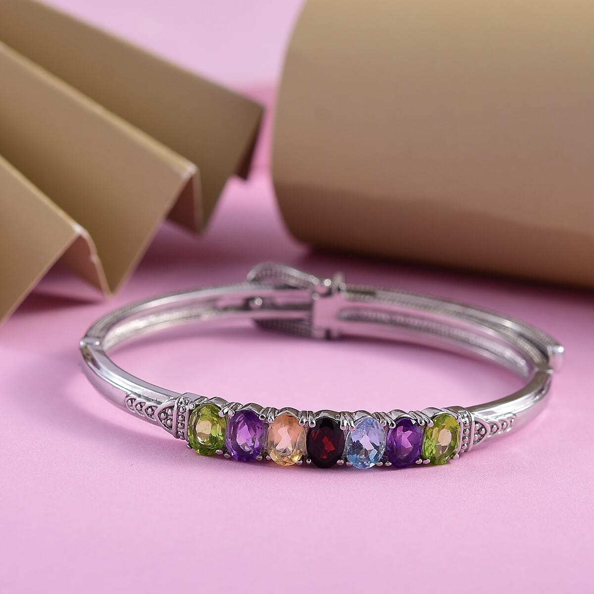 Multi Gemstone Bangle Bracelet in Stainless Steel (6.50 in) 5.75 ctw , Tarnish-Free, Waterproof, Sweat Proof Jewelry image number 1